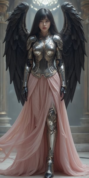 In this mesmerizing scene, a gothic girl stands majestically against a backdrop of opulent marble splendor. Her porcelain-white skin and flowing black hair create a stark contrast against the soft pink fabric of her gown, intricately woven with lace and satin. The iron armor she wears, engraved with steel runes, tells a tale of grandeur and strength. Behind her, mechanical wings, sparkling like stars, unfold gracefully, defying conventional beauty. Amidst the ghostly echoes of a lavish past, she moves with poetic chaos, her dark, enigmatic eyes capturing the melancholy essence of a world suspended between the audacious legacy of its history and the innovative promise of its future.,FuturEvoLabMecha,FuturEvoLabArmor