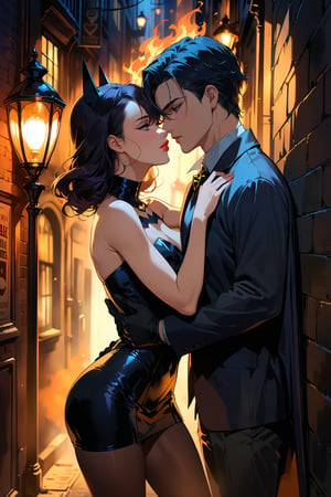 A sultry evening on Gotham's dark alleys, Batman and Catwoman locked in a fiery embrace. The silhouettes of their figures blend as one, their lips locked in a passionate kiss, bathed in the warm glow of a nearby streetlamp. The surrounding shadows seem to intensify the intimacy, as if the darkness itself is arousing.