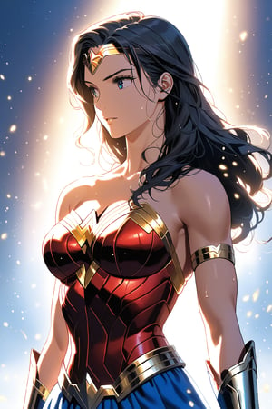 A close-up shot of Wonder Woman's torso, her iconic armor. Her toned and athletic physique glistens with sweat, accentuating every curve and perk as she stands firm, her eyes fixed on the horizon. The lighting is intense, with warm highlights emphasizing her determined expression.