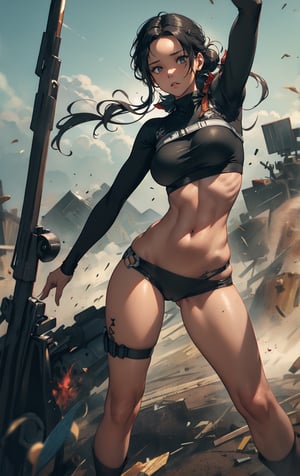 A gritty, post-apocalyptic landscape stretches out behind Katniss Everdeen, the sun casting long shadows across the desolate terrain. She stands tall, her tattered uneven clothing clinging to her toned physique, accentuating every curve. Her hands grasp a weathered bow with a sense of determination, as if ready to take on the unforgiving world around her. The atmosphere is charged with an air of arousal, as if the very survival she fights for has become the ultimate aphrodisiac.