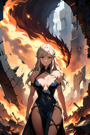 Daenerys Targaryen stands confidently in a dimly lit, smoldering ruin, her fiery locks ablaze as she gazes out at the ravaged landscape. Her torn and tattered Dothraki attire clings to her small curves, accentuating her curvy figure. A sultry, breath-taking heat emanates from her very presence, drawing the viewer in with an air of arousing intensity.