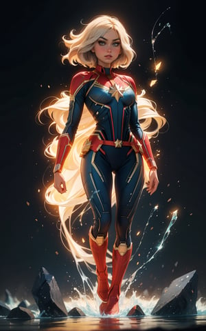 A full-body shot of Captain Marvel in mid-air, her torn transparent superhero suit glistening with a subtle sheen as she zooms forward. Her determined facial expression is set in stone, eyes narrowed and jawline firm. The camera captures the wispy strands of hair streaming behind her as she banks hard to the left, the background blurred into a vibrant blue haze.