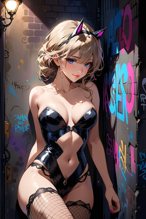 A dark alleyway at night, lit only by a faint moon and the soft glow of streetlights. Catwoman's eyes gleam with mischief behind her mask as she lounges against a graffiti-covered wall, her tattered fishnet stockings and torn corset accentuating her curves and revealing her torso. Her hair is disheveled, her lips parted in a sultry smile. The air is heavy with anticipation as she revels in the shadows.