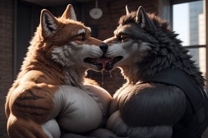 Male, wolf, (extremely_muscular), (thick_arms), (huge pecs), realistic, (2boys), kissing, saliva_string