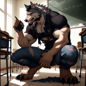 male, anthropomorphic, male, wolf, muscular, ripped clothes, handsome, human, classroom, squatting, (transforming), realistic