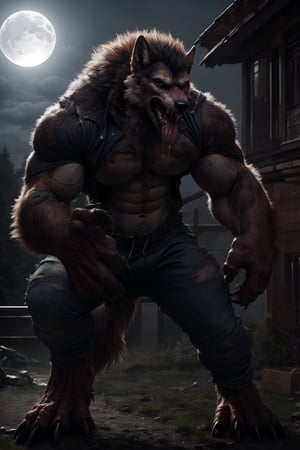 Male, wereshep, (extremely_muscular), (thick_arms), (massive pecs), realistic, saliva_string, (mid_transformation), full_moon, large claws, groaning in pain, werecanine transformation, ripped_clothing 