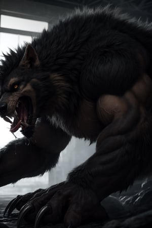 Male, wereshep, (extremely_muscular), (thick_arms), (massive pecs), realistic, large claws, (saliva_string), growling