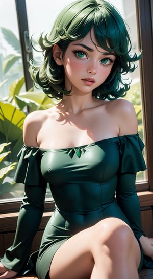 1girl, feature, Ambilight, slender waist, (green off shoulder dress:1.3), fingernails,  double exposure, tatsumaki, pureerosface_v1, 