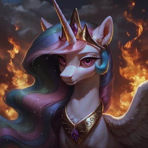  score_9, Princess Celestia, pony, solo, fluffy, furry, detailed, beautiful, Expressiveh, realism, sky, flame, the whole sky is on fire, fire clouds, cold stare, killing intent, killer's eyes, emotionless