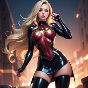 blue_eyes, blond_hair, hourglass_figure, longhair, superheroine, skirt, tight_outfit, thigh_highs, latex




