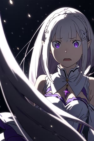 emilia,emilia \(re_zero\),(emilia-XL),Emilia, white hair, elf_ears, light_purple_eyes, light_particles, light, scared, terrified, dust_particles