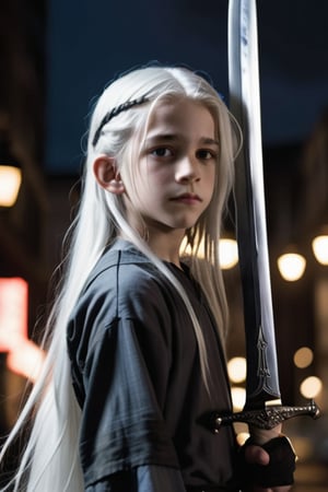 12 year old boy with long white hair holding a pure black sword in a city plunged into darkness