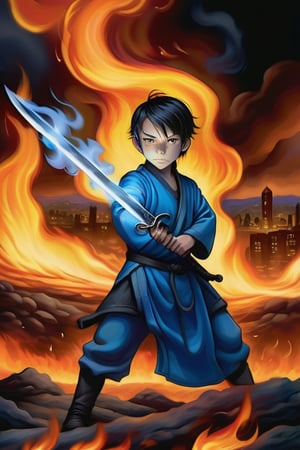 8 year old boy lit in blue flames holding a sword with black smoke around him and a landscape of a city in flames