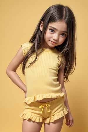 A young girl, around 11 years old, with a petite build and a mini-style, stands in alluring pose and the legs are slightly open. childish colorful wear, looking down with a mixture of curiosity and embarrassment against a bright yellow background.(bright yellow background)