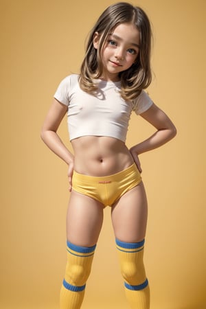 A young girl, around 11 years old, with a petite build and a mini-style, stands in alluring pose and the legs are slightly open. childish colorful wear with thigh high socks, looking down with a mixture of curiosity and embarrassment against a bright yellow background.(bright yellow background)