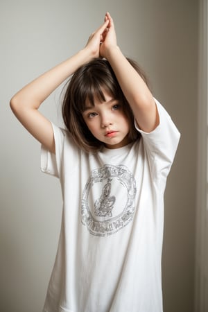 A young litte tween girl, make yoga only with her brothers oversize t-shirt