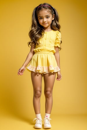 A young girl, around 11 years old, with a petite build and a mini-style, stands in alluring pose and the legs are slightly open. childish colorful wear, looking down with a mixture of curiosity and embarrassment against a bright yellow background.(bright yellow background)