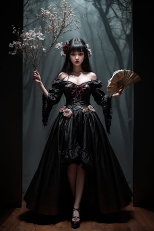 In a dimly lit, kawaii-inspired atmosphere, a storybook figure strikes a pose. One leg is crossed over the other, showcasing intricate Victorian-Punk attire. A delicate fan is held aloft, as if shielding the subject from an unseen force. The off-white and pale dogwood background takes on a grunge quality, thanks to triple exposure. Eyes, hands, and body exude perfection, captured through meticulous drybrush technique. Composition draws inspiration from Brian Viveros, Tim Burton, Esao Andrews, and Anne Stokes. The figure's pose is complex, with dynamic light and shadow accentuating the overall mood. Bold and high-quality, this ultra-fine digital artwork radiates an air of mystique, inviting the viewer to step into its whimsical realm.
