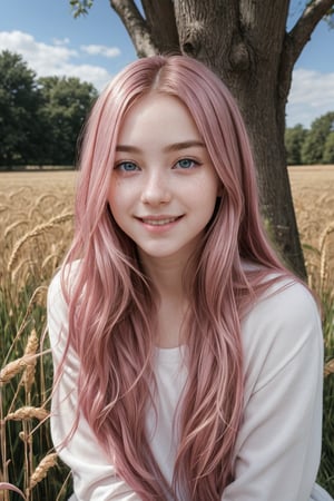 An 18-year-old girl with long pink hair, she looks a little shy, has light freckles on her face, pale to white skin, a smile and a cheerful facial expression, she wears light clothing, the woman is fully visible in the image, resting against a tree which is centered in the image, the right and left sides of the image give a view of a large, sunny wheat field, but the woman takes up most of the space in the image, the whole of her body can be seen.