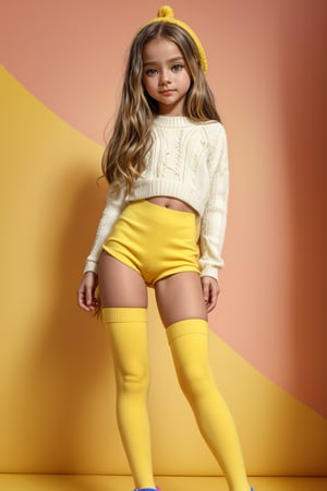 A young girl, around 11 years old, with a petite build and a mini-style, stands in alluring pose and the legs are slightly open. childish colorful wear with thigh high socks, looking down with a mixture of curiosity and embarrassment against a bright yellow background.(bright yellow background)