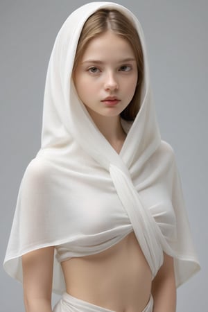 A tender portrait of a very young petite woman, wrapped in lightweight fabric clothing that subtly reveals the emerging femininity. Her gentle curves are carefully accentuated as she hesitantly showcases her vulnerability. Soft lighting wraps around her, illuminating her innocent features and playful expression, set against a minimalist background that allows her youthful charm to take center stage.