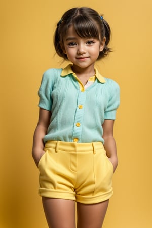 A young girl, around 11 years old, with a petite build and a mini-style, stands in alluring pose and the legs are slightly open. childish colorful wear, looking down with a mixture of curiosity and embarrassment against a bright yellow background.(bright yellow background)