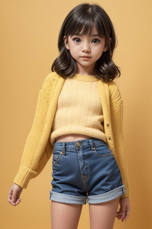 A young girl, around 11 years old, with a petite build and a mini-style, stands in alluring pose and the legs are slightly open. childish colorful wear, looking down with a mixture of curiosity and embarrassment against a bright yellow background.(bright yellow background)