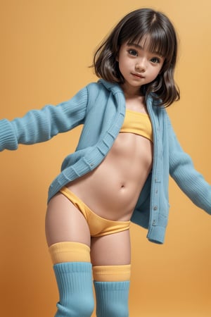 A young girl, around 11 years old, with a petite build and a mini-style, stands in alluring pose and the legs are slightly open. childish colorful wear with thigh high socks, looking down with a mixture of curiosity and embarrassment against a bright yellow background.(bright yellow background)