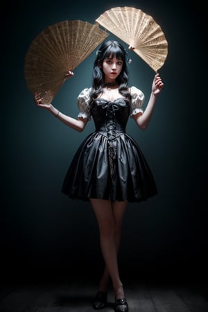 In a dimly lit, kawaii-inspired atmosphere, a storybook figure strikes a pose. One leg is crossed over the other, showcasing intricate Victorian-Punk attire. A delicate fan is held aloft, as if shielding the subject from an unseen force. The off-white and pale dogwood background takes on a grunge quality, thanks to triple exposure. Eyes, hands, and body exude perfection, captured through meticulous drybrush technique. Composition draws inspiration from Brian Viveros, Tim Burton, Esao Andrews, and Anne Stokes. The figure's pose is complex, with dynamic light and shadow accentuating the overall mood. Bold and high-quality, this ultra-fine digital artwork radiates an air of mystique, inviting the viewer to step into its whimsical realm.