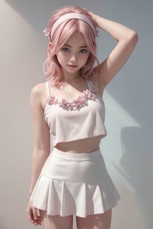 Best quality,cute scene, very young and small size woman,light_pink_hair, freckles, pale_skin, large breasts,white sexy crop top,mini skirt, full_body, photorealistic, headband with small pink flowers