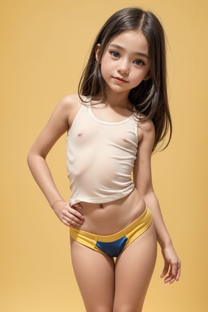 A young girl, around 11 years old, with a petite build and a mini-style, stands in alluring pose and the legs are slightly open. childish colorful wear, looking down with a mixture of curiosity and embarrassment against a bright yellow background.(bright yellow background)