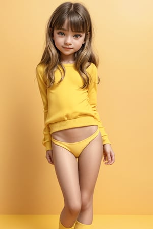 A young girl, around 11 years old, with a petite build and a mini-style, stands in alluring pose and the legs are slightly open. childish colorful wear, looking down with a mixture of curiosity and embarrassment against a bright yellow background.(bright yellow background)