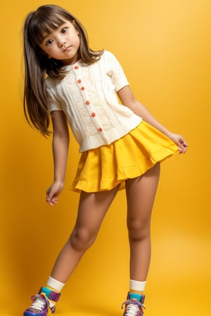 A young girl, around 11 years old, with a petite build and a mini-style, stands in alluring pose and the legs are slightly open. childish colorful wear, looking down with a mixture of curiosity and embarrassment against a bright yellow background.(bright yellow background)