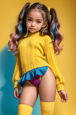 A young girl, around 11 years old, with a petite build and a mini-style, stands in alluring pose and the legs are slightly open. childish colorful wear with thigh high socks, looking down with a mixture of curiosity and embarrassment against a bright yellow background.(bright yellow background)