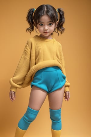 A young girl, around 11 years old, with a petite build and a mini-style, stands in alluring pose and the legs are slightly open. childish colorful wear with thigh high socks, looking down with a mixture of curiosity and embarrassment against a bright yellow background.(bright yellow background)