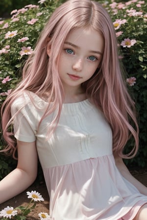 1girl, long_hair,light_pink_hair, shy, freckles, pale_skin, girly_clothing, full_body, the young woman has fallen asleep on a flowerbed, focus_on_body_girl, detailed_face, young_face