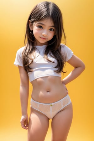 A young girl, around 11 years old, with a petite build and a mini-style, stands in alluring pose and the legs are slightly open. childish colorful wear, looking down with a mixture of curiosity and embarrassment against a bright yellow background.(bright yellow background)