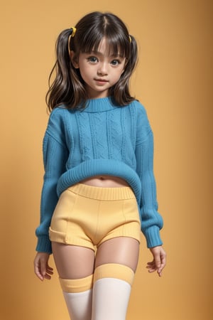 A young girl, around 11 years old, with a petite build and a mini-style, stands in alluring pose and the legs are slightly open. childish colorful wear with thigh high socks, looking down with a mixture of curiosity and embarrassment against a bright yellow background.(bright yellow background)