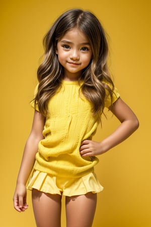 A young girl, around 11 years old, with a petite build and a mini-style, stands in alluring pose and the legs are slightly open. childish colorful wear, looking down with a mixture of curiosity and embarrassment against a bright yellow background.(bright yellow background)