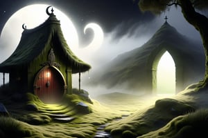 Imagine the following scene.
A crescent-shaped sword cleaves themmon light.
in wool and a mystical moss grass hut hidden deep in a misty valley stands at the door
cut bleed in dark sky.
DonMW15pXL