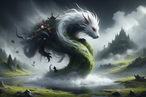 Imagine the following scenario.
huge fruit garden,
 All beautiful and a mystical moss hidden deep in a misty valley.
A huge white dragon sprawls out from a large lake.
A black rat with a human body (dressed with a belt and a small black cloth), It trembled with fear,.
,DonM3l3m3nt4lXL