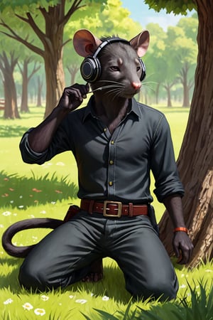 Imagine the following scene.
On a wide meadow, on a hot sunny day,
A black rat with a human body (wearing a belt and a short black shirt and long-sleeved pants) (listens to a song on a headset.)
It sleeps under the shade of a big tree. (closes eyes)
,

,DonM3l3m3nt4lXL,LegendDarkFantasy,DonMD34thKn1gh7XL,DonM3lv3nM4g1cXL,stworki,DonM3x71nc710nXL,hmnzct,Chinese Zodiac