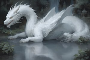 Imagine the following scene.
Suddenly, the pool there started shaking. It got colder in that place. The sky is dark. The wind started blowing with a small rain shower.

a big white dragon coming under the water in  a garden  lake. 

