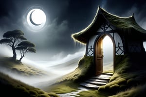 Imagine the following scene.
A crescent-shaped sword cleaves themmon light.
in wool and a mystical moss grass hut hidden deep in a misty valley stands at the door
cut bleed in dark sky.
DonMW15pXL