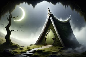 Imagine the following scene.
A crescent-shaped sword cleaves the single eye in the triangle.
in wool and a mystical moss grass hut hidden deep in a misty valley stands at the door
cut bleed in dark sky.
DonMW15pXL