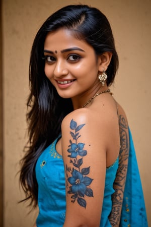  A beautiful , lovely, cute young,indian teenage girl,23 years old girl, has the face of an Indian actress,((beautiful tattoo in full body, realistic, senior tattoo artist, orginal tattoo)) realistic, Whole body cover flower tattoo,cute, an Instagram model, (((view from front up))),Turning up the heat in a blue hot saree, paired with a cute smile! 💙🔥 Embracing elegance and charm effortlessly,<lora:659095807385103906:1.0>