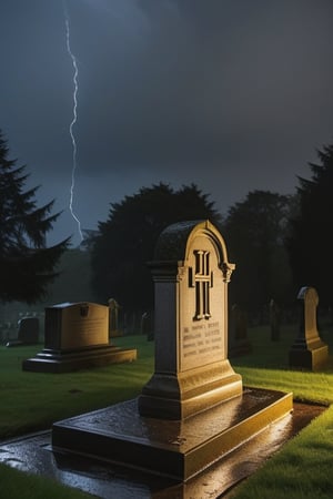 a grave on a rainy night with the initials: ((H) (Y) (H)), and the saying of a large bird engraved on the grave. lots of rain, a rain storm appears