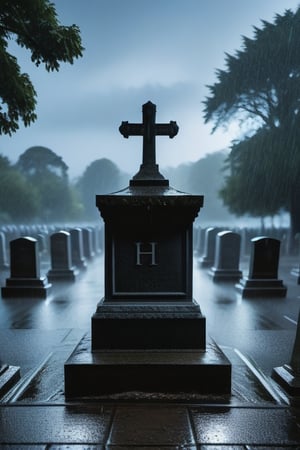 a grave on a rainy night with the initials: ((H) (Y) (H)), and the saying of a large bird engraved on the grave. lots of rain, a rain storm appears