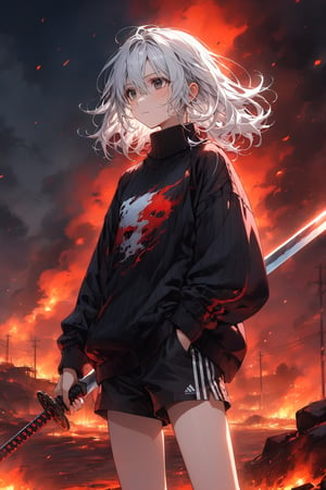 12 year old girl, practicing with the sword, long white hair, black eyes with red dots, black sweater, shorts. Fire landscape background at night