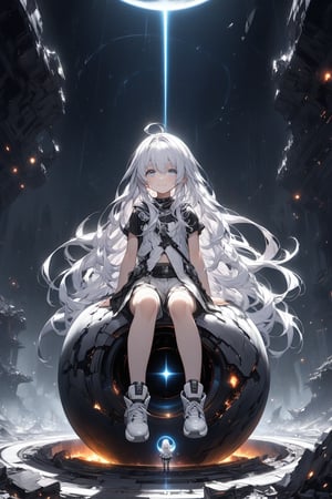 Very beautiful and very small 3-year-old girl with bright hair, super long hair of 2 black and white colors, with fantasy-like clothes and shorts, with black and white eyes like darkness and light, and a smile that would kill anyone with black stars surrounding them in a dark space like a black hole and behind them broken images of destroyed worlds.